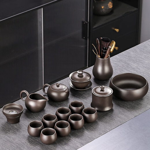 Tangfeng Zisha Kung Fu Tea Set Home Light Luxury High-end Xishi Teapot Teacup Cover Bowl Office Tea Making Gift Set Qianchuan Changhei + Ziyun Xishi Pot 11 Heads + Pinsheng