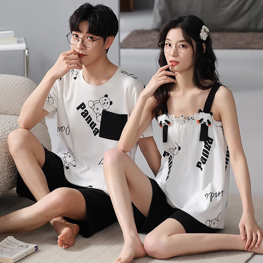 Daizixin 2 ensembles de pyjamas de couple pour les bretelles d'été pour femmes, ensemble en deux pièces de coton pur à manches courtes à manches minces d'été pour hommes DD9904 Femmes M + hommes XL