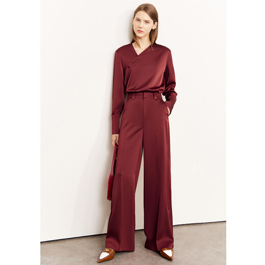AMII Women's 2025 Autumn New Minimalist Solid Color Imitation Acetate Satin Shirt Casual Pants Suit Women Bordeaux Red-Trousers 12240914 XS 150/76A