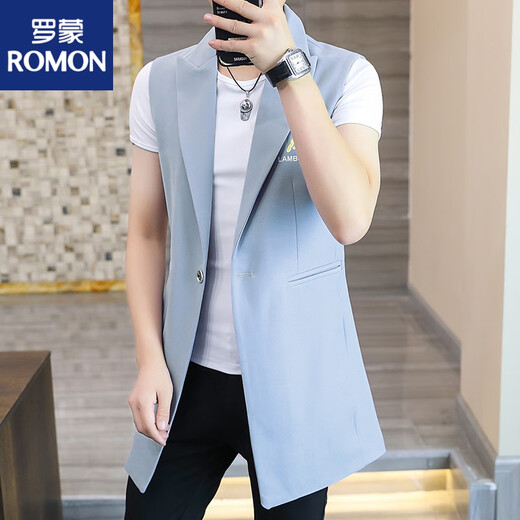ROMON autumn new vest men's mid-length suit collar windbreaker fashionable Korean version slim sleeveless vest handsome cloak black 701 vest mid-length 3XL