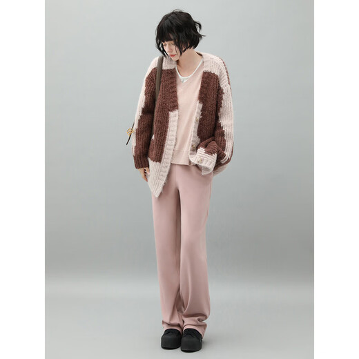 COCOBELLA design sense color block sweater casual jacket fluffy velvet thickened thick needle cardigan MZ967 pink S