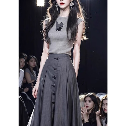 欧迪惠（Oudihui）2025年新款名媛法式连衣裙女装夏季小洋装无袖上衣半身裙子女套装 灰色套装 M