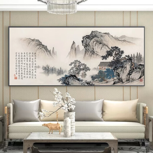 沙发背景墙挂画2024最新款背有靠山年新款客厅山水装饰中国风大气 CT-3887-背有靠山 【摩登黑】【哑面油画布】【轻G