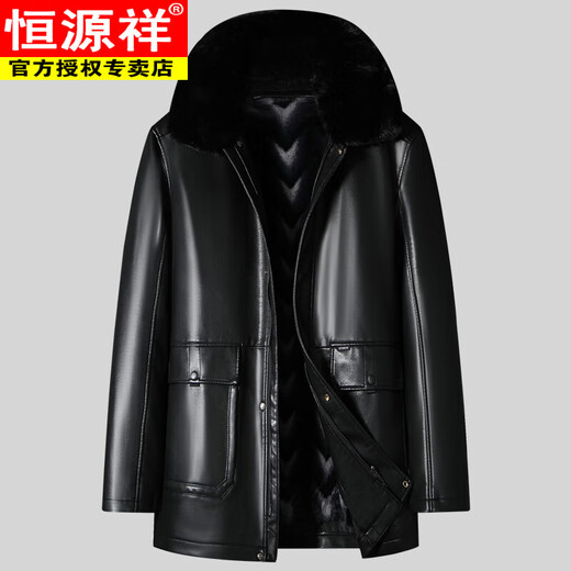 Hengyuanxiang middle-aged and elderly genuine leather jacket for men plus velvet thickened large size men's mid-length version of the patio overcoat men's sheepskin outer black ordinary fur collar 175/L [115-140Jin [Jin equals 0.5 kg] wear]