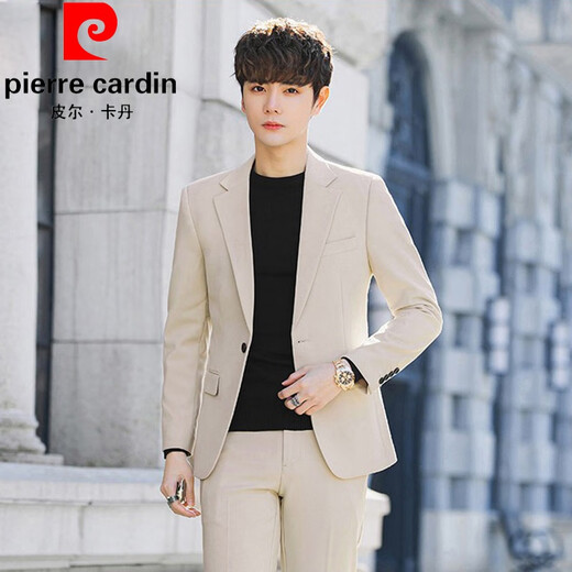 Pierre Cardin men's brown suit spring and autumn slim handsome casual small suit jacket men's Korean style trendy wedding top apricot suit + pants + white shirt M
