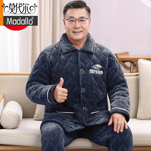 莫代尔睡衣男士爸爸冬季三层加厚夹棉珊瑚绒保暖棉袄中老年人家居服套装 N9923 R灰 三层加厚加绒 L [100-120斤]