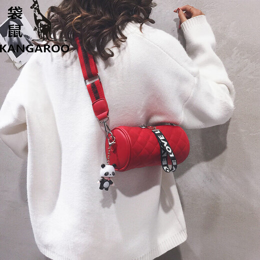Kangaroo (KANGAROO) Personalized Diamond Texture Pillow Bag for Women New Wide Shoulder Strap Fashionable Mom Cylinder Bag in versatile Women's Crossbody Green + Pendant]