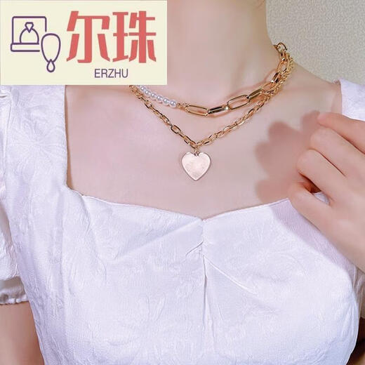 尔珠徐璐珍珠链条拼接项链吊坠设计感双层复古颈链锁骨链毛衣链女 链 链女 金色