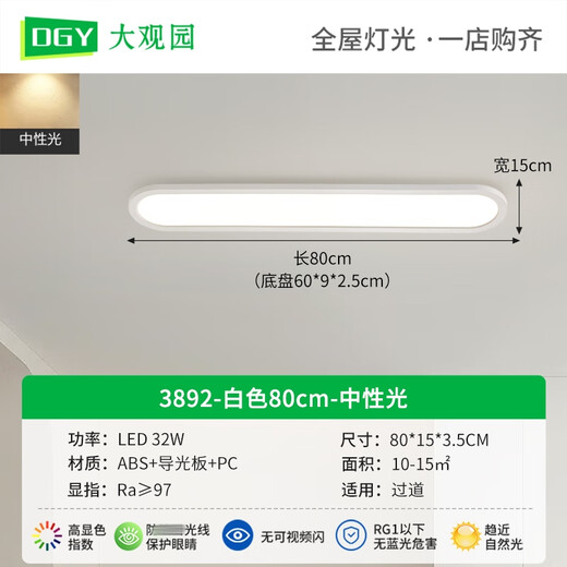 大观园（DGY）过道灯走廊灯led吸顶灯现代简约北欧长条客厅灯书房阳台灯具O263 32W 3892-白色80cm-中性光-全光谱