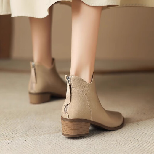 
Belle-Ta series brand broken French sheepskin pointed toe short boots for women 2024 autumn and winter new thick heel medium heel rear zipper khaki color (single) 38