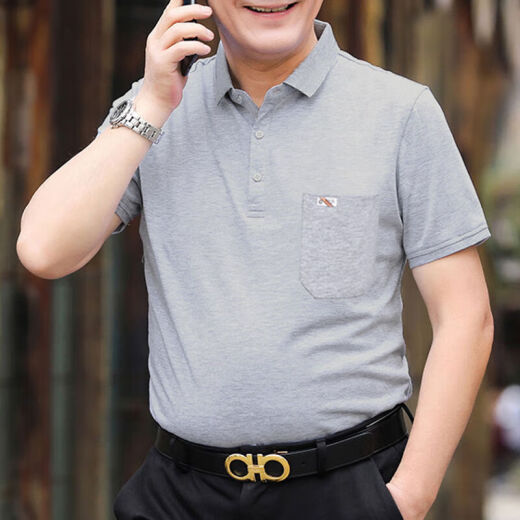 贝吉棋新疆棉夏季短袖t恤棉的男士宽松中老年人翻领带口袋爸爸装大红色 反(领)701藏青色 56#【165-200斤】