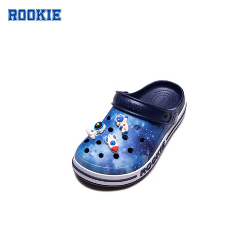 ROOKIE children's shoes, boys' and girls' clogs, summer new children's beach toe-cap sandals, with 6 cartoon buckles, feather white/midnight blue 31 32, suitable for feet 19.5-200cm long