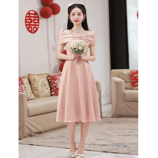 SAIDELE evening dress for women, high-end pink petite French niche engagement dress, bridesmaid dress, can be worn daily to graduation, bean paste powder XL (recommended 116-125 Jin Jin equals 0.5 kg)