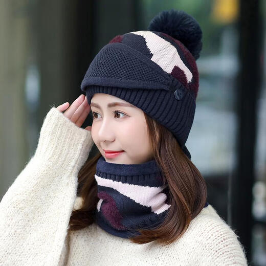 KAROND new product elderly hats for women autumn and winter hats for women autumn and winter Korean style trendy plus velvet warm three-piece set fashionable and versatile winter ear protection knitted wool hat black and blue warm three-piece set [hat++ scarf]