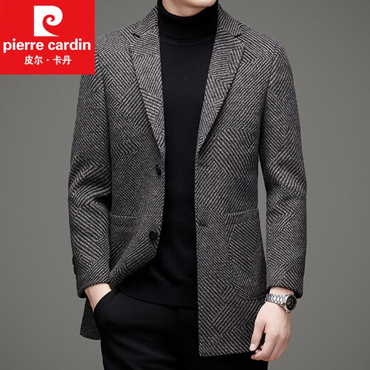 皮尔卡丹2022冬季新款羊毛大衣男外套西装领中年条纹中长款毛呢大衣针织 咖色 L 175