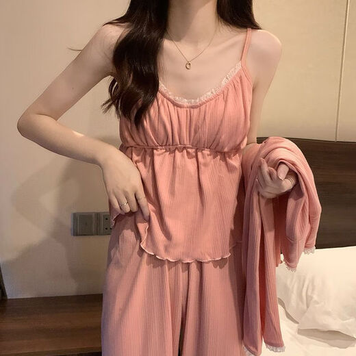 
Catman four-season pajamas for women pure cotton 2025 new pure and sweet style with chest pad simple blue three-piece set 831 apricot color with chest pad removable L Recommended 95-110Jin [Jin equals 0.5 kg]