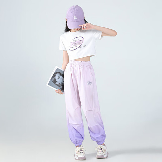 NICKYBABY girls mosquito-repellent pants summer thin children's ice silk sports pants quick-drying pants summer 2025 new big children's trousers 18209 gradient purple + 9889 white [set] 130 cm
