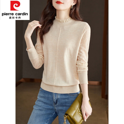 皮尔卡丹（pierre cardin）春秋薄款长袖针织衫女短款秋冬2025新款内搭蕾丝打底衫半高领上衣 1396米色 2XL 【135-150斤】