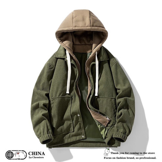 Jeanswest gefälschte zweiteilige Cordjacke für Herren im Herbst und Winter, neue trendige Marke, plus Samt, warmer Baumwollmantel, lockere Kapuzenjacke, Kleidung, Karamell plus Samt, Größe L