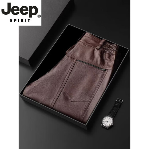 Jeep spirit high -end leather pants male head layer cowhide plus velvet thickened motorcycle middle -aged loose straight leather pants waterproof black conventional spring and autumn no inner end 36