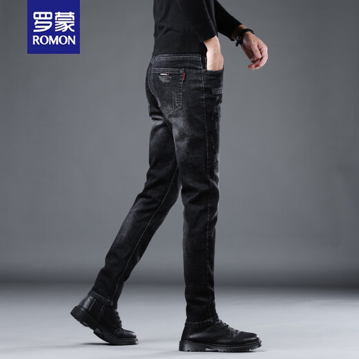 Romon Herbst High-End Black Jeans Männer schlanke Hosen Katze Whisker Vielseitiger elastischer Trend Herren-Langhose 1049 Gray plus Samt 28