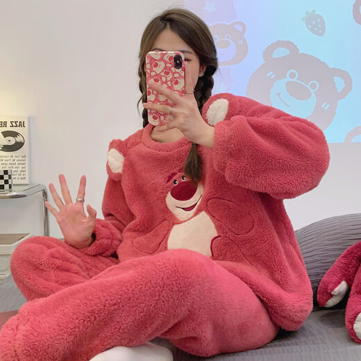 Autumn box pajamas for women autumn and winter thickened flannel large size cartoon cute two-piece coral velvet home clothes set 7300M