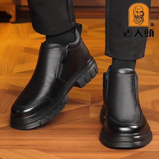老人头棉鞋男冬季新款真皮加绒保暖雪地靴男士中老年爸爸皮靴子马丁靴男 黑色 40