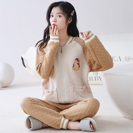 
Qianzhiya (QIANZHIYA) pajamas for girls in autumn and winter thickened pure cotton mezzanine long-sleeved home clothes plus cotton air cotton warmth thin cotton set MFT-15275# Women's M/160