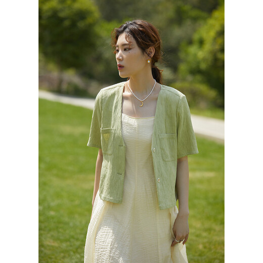 Temperamento elegante de gran tamaño de un solo tamaño Small Fragance Chaqueta corta para mujeres New Fat MM Textura Top 22DS2601 VERDE (DY) L