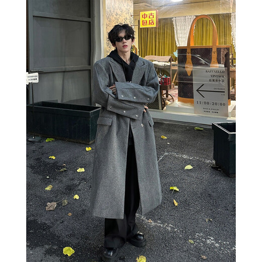 Neu oder Modus Britisch-Stil Langer Revers Wollmantel Herbst und Winter Neue vielseitige Nieten High-End Lose Trendy Mantel Black 2xl