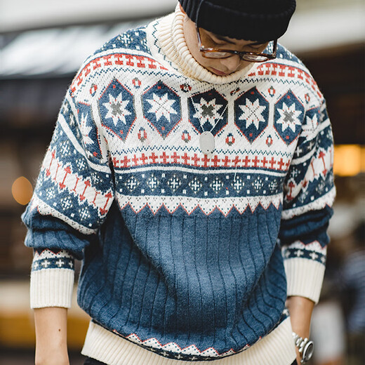 Maden Workwear American Retro Fair Island Jacquard Pullover Herren Fall Dicke und warme Rollkragenpullover Strickpullover Pullover Top grau Blau M.