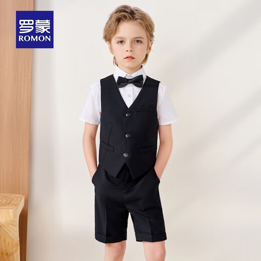罗蒙儿童西装套装演出服花童礼服中大童钢琴英伦 黑色套装 130
