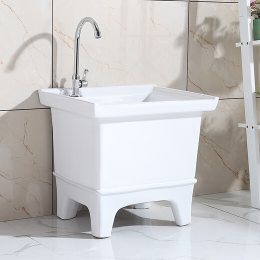 Mop pool ceramic balcony washing mop pool household mop pool bathroom small and large mop basin with high curved faucet 40 cm flat mouth manual model + high curved faucet