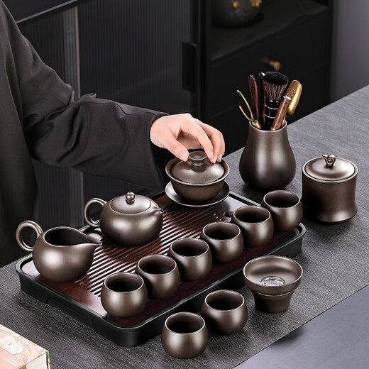 Tangfeng Zisha Kung Fu Tea Set Home Light Luxury High-end Xishi Teapot Teacup Cover Bowl Office Tea Making Gift Set Qianchuan Changhei + Ziyun Xishi Pot 11 Heads + Pinsheng
