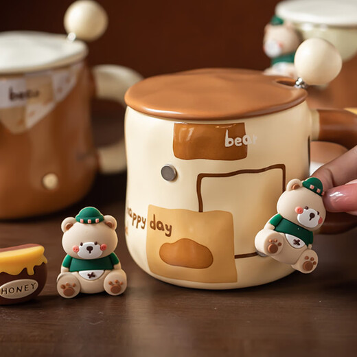 Mengfu Cute Bear Mug Ceramic Water Cup with Lid Spoon for Men and Women High-Looking Coffee Cup Couple Valentine's Day Gift Square Bear 420ml Round Porcelain Spoon + Brown Lid