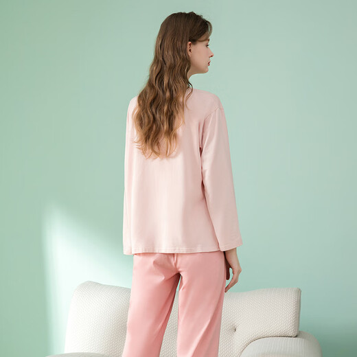 Fenton Anti-mite Pure Cotton Contrast Color Round Neck Casual Wearable Home Clothes Set Bean Paste Powder - Women's 2XL