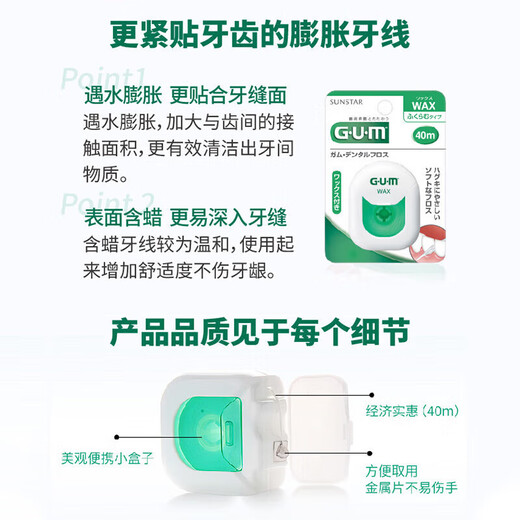 G·U·M康齿家膨胀牙线 清洁护理牙龈齿间牙周护理 40米含蜡型