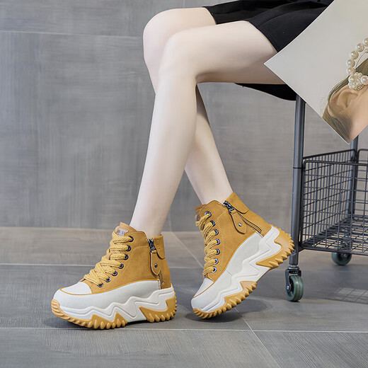 
AI genuine leather dad shoes for women 2024 autumn and winter new thick sole high-rise women's shoes sports casual shoes soft sole travel shoes yellow [single] WZZS677 36