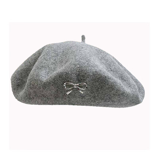 Yi Jian beret with bow for women, versatile temperament, retro fashion painter hat, autumn and winter hat with wool beret, exquisite bow beret, gray, one size fits all (recommended 55-57cm)