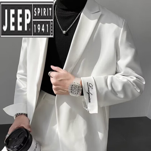 JEEP SPIRIT summer light mature style casual suit men's suit trendy yuppie handsome small suit embroidered street style jacket XZ14 white XL