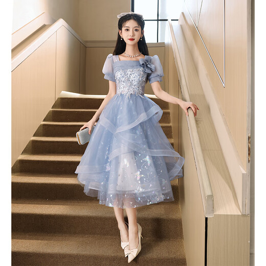 Vestido de noche azul de Libaixin 2025 NUEVO Estilo Banquete High-High Grain Student Art Exam Nicho Huff Skirt Women Blue Medium Longitud XL Sugerir 110-120Jin [Jin es igual a 0.5 kg]