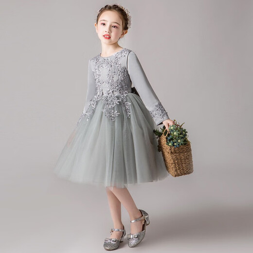 Dev Ake Children's Little Host High-end Evening Dress Girls Big Children's Puffed Skirt Piano Performance Clothes Princess Dress Girls Student DK683 Short Long Sleeve Light Blue [Add Fleece] 130 (Suggested 41-50Jin [Jin equals 0.5 kg])