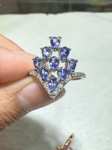 Shilian natural tanzanite ring s925 silver inlaid live mouth women's ring water drop blue fashionable atmosphere silver support