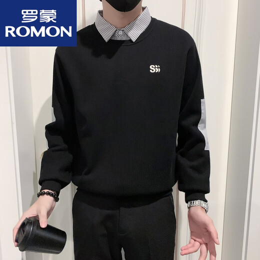 罗蒙（ROMON）翻领卫衣男加绒加厚假两件针织衫长袖2025新款秋冬款内搭针织衫 卡其色 WY1391  主图款 常规 M 建议115斤以内