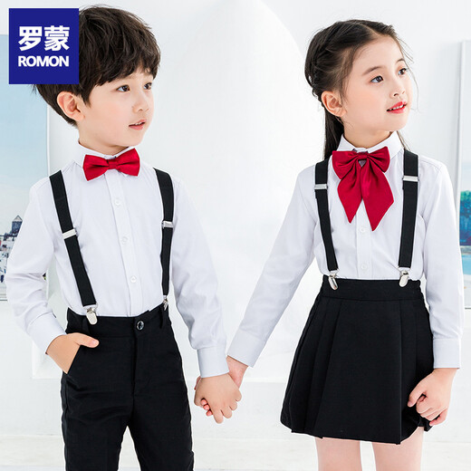 Romon children's suspenders boys graduation performance uniforms graduation chorus performance boy host flower girl dress suit women's four-piece suit black suspenders + short skirt + long-sleeved white shirt + burgundy collar flower 110
