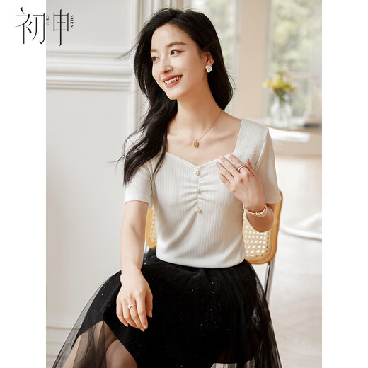 初申夏季短袖T恤女时尚优雅V领显瘦薄款针织T恤小衫S143T1585