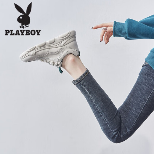 Playboy (PLAYBOY) Fashion Casual Shoes Women's Shoes Autumn Versatile Dad Shoes Female Students Piggy Bottom White Shoes Women's Heightening Sports Shoes Women 010 Meters Green 38