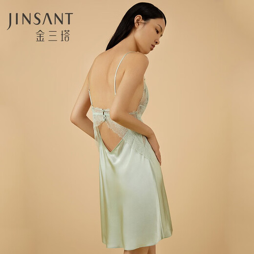 金三塔真丝吊带睡裙带罩杯性感蕾丝美背睡裙内置Bra 绿洲冰泉色9720 XL