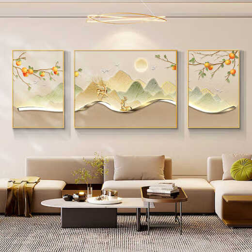 
Meiyouchun modern light luxury living room decoration painting persimmon Ruyi triplet high-end mural new style sofa background wall hanging painting JD14715 left and right 30*40 middle 60*40 texture oil canvas ps gold frame