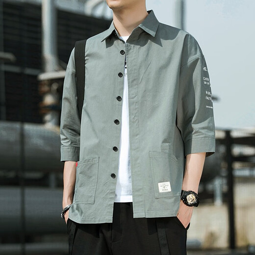 
JEEP SPIRIT Jeep Outdoor Shirt Men's Versatile Solid Color Korean Style Long Sleeve Men's Cropped Sleeve Summer Casual Top Men's Shirt Workwear Light Gray 8829 (Cropped Sleeve) 2XL